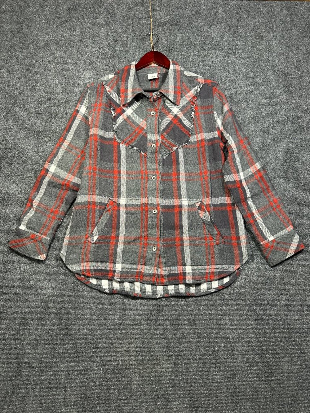Cabi 4164 Tavern Shirt Womens  Medium Red Gray Plaid Cotton Flannel Pockets